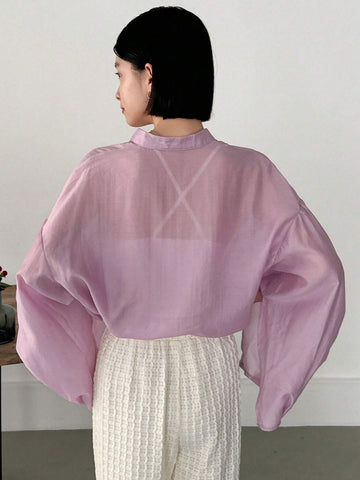 FRIFUL Women's Spring/Summer Solid Color Stand Collar Lantern Sleeve Loose Fit Shirt