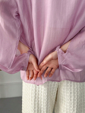 FRIFUL Women's Spring/Summer Solid Color Stand Collar Lantern Sleeve Loose Fit Shirt