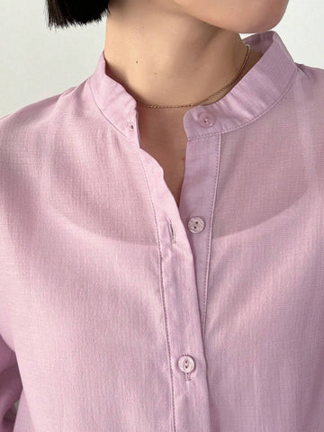 FRIFUL Women's Spring/Summer Solid Color Stand Collar Lantern Sleeve Loose Fit Shirt