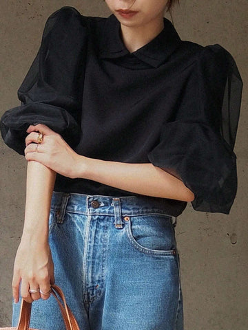 FRIFUL Women's Spring And Summer Solid Color Collared Loose Contrast Mesh Black Blouse