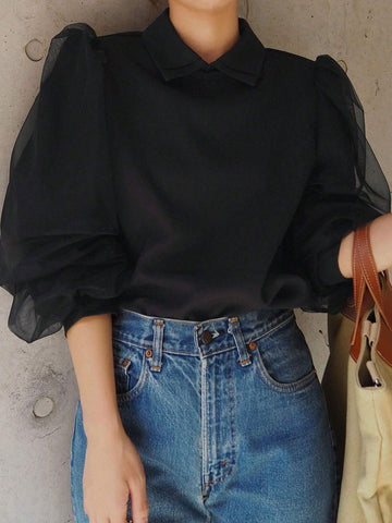 FRIFUL Women's Spring And Summer Solid Color Collared Loose Contrast Mesh Black Blouse