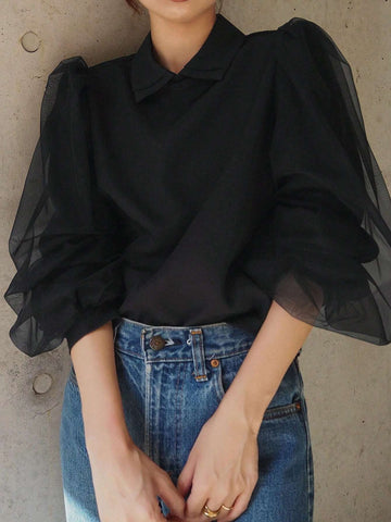 FRIFUL Women's Spring And Summer Solid Color Collared Loose Contrast Mesh Black Blouse