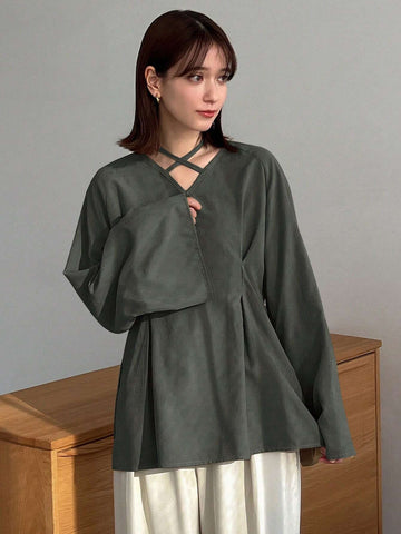 FRIFUL Women's Spring & Autumn Loose Casual Solid Color Cross V-Neck Long Sleeve Shirt