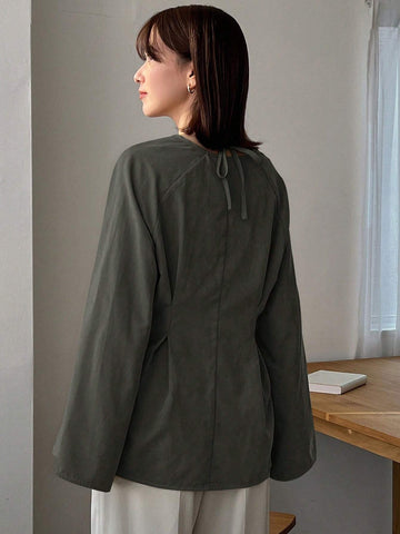 FRIFUL Women's Spring & Autumn Loose Casual Solid Color Cross V-Neck Long Sleeve Shirt