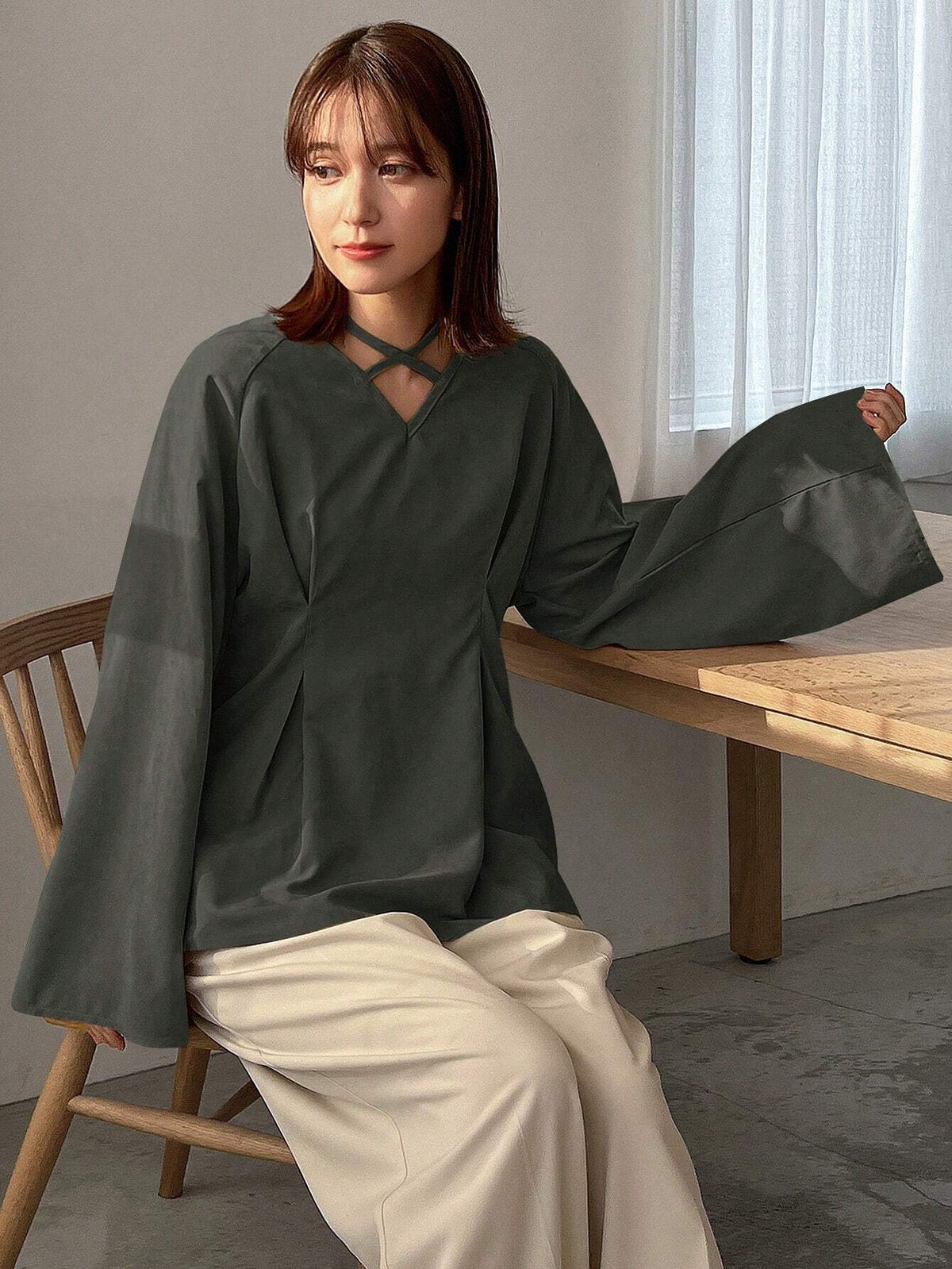 FRIFUL Women's Spring & Autumn Loose Casual Solid Color Cross V-Neck Long Sleeve Shirt