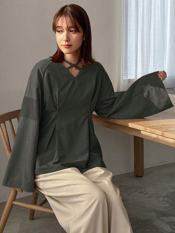 FRIFUL Women's Spring & Autumn Loose Casual Solid Color Cross V-Neck Long Sleeve Shirt