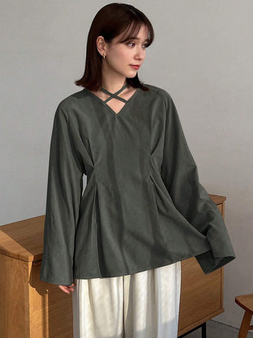 FRIFUL Women's Spring & Autumn Loose Casual Solid Color Cross V-Neck Long Sleeve Shirt