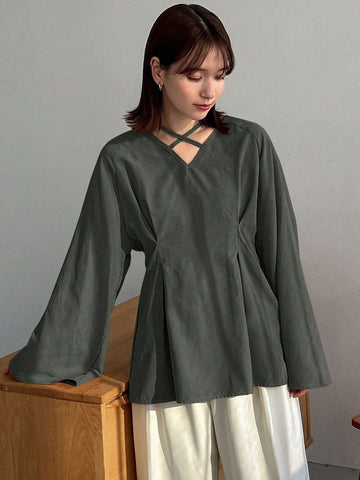 FRIFUL Women's Spring & Autumn Loose Casual Solid Color Cross V-Neck Long Sleeve Shirt
