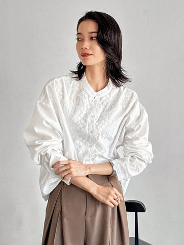 FRIFUL Women's Stand Collar Loose White Blouse With Embroidery & Wave Hem