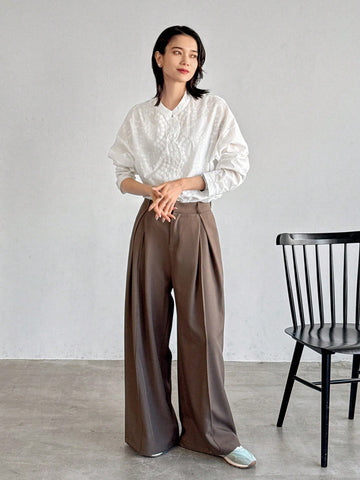 FRIFUL Women's Stand Collar Loose White Blouse With Embroidery & Wave Hem