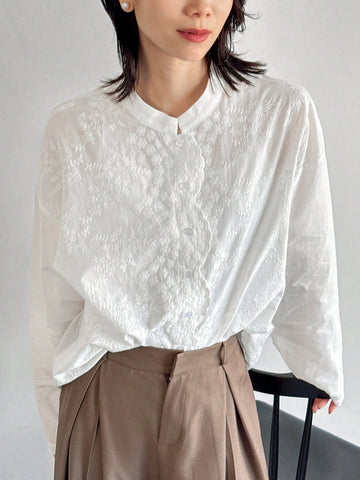 FRIFUL Women's Stand Collar Loose White Blouse With Embroidery & Wave Hem