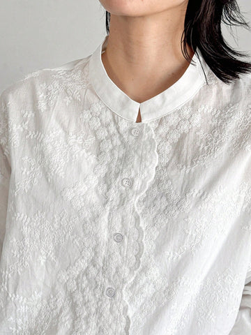 FRIFUL Women's Stand Collar Loose White Blouse With Embroidery & Wave Hem