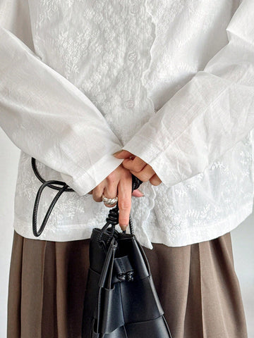 FRIFUL Women's Stand Collar Loose White Blouse With Embroidery & Wave Hem