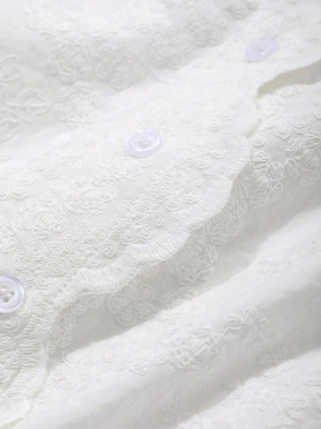 FRIFUL Women's Stand Collar Loose White Blouse With Embroidery & Wave Hem