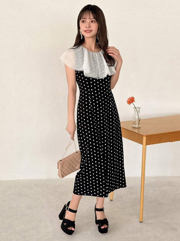 FRIFUL Women's Summer Colorblock Polka Dot Print Midi Dress With Ruffled Hem And Round Neckline