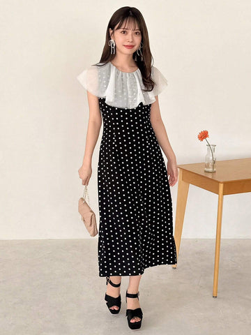 FRIFUL Women's Summer Colorblock Polka Dot Print Midi Dress With Ruffled Hem And Round Neckline