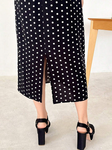FRIFUL Women's Summer Colorblock Polka Dot Print Midi Dress With Ruffled Hem And Round Neckline
