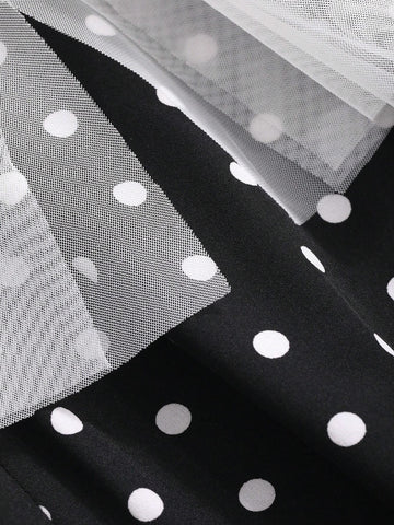 FRIFUL Women's Summer Colorblock Polka Dot Print Midi Dress With Ruffled Hem And Round Neckline