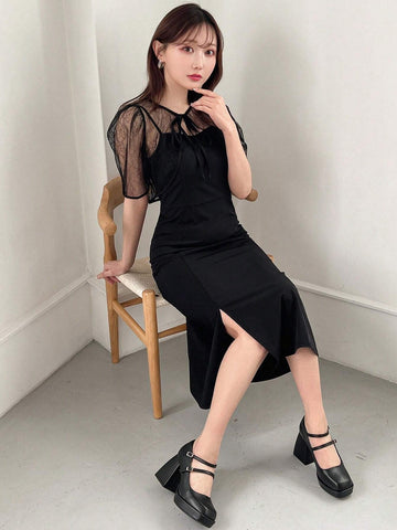 FRIFUL Women's Summer Lace Cardigan And Solid Color Split Strap Dress Set