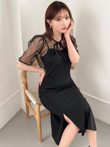 FRIFUL Women's Summer Lace Cardigan And Solid Color Split Strap Dress Set