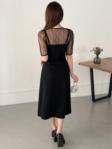 FRIFUL Women's Summer Lace Cardigan And Solid Color Split Strap Dress Set