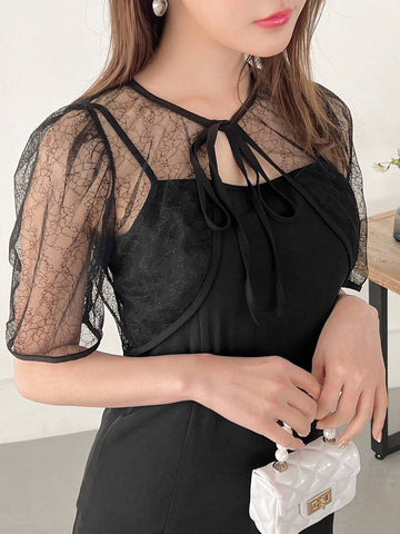 FRIFUL Women's Summer Lace Cardigan And Solid Color Split Strap Dress Set