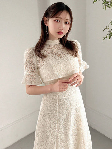 FRIFUL Women's Summer Lace Stand Collar Crop Top And Cami Dress 2-Piece Set