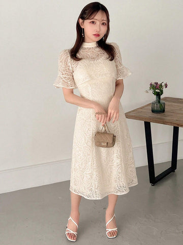 FRIFUL Women's Summer Lace Stand Collar Crop Top And Cami Dress 2-Piece Set