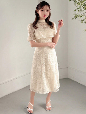 FRIFUL Women's Summer Lace Stand Collar Crop Top And Cami Dress 2-Piece Set