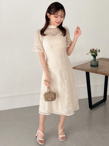 FRIFUL Women's Summer Lace Stand Collar Crop Top And Cami Dress 2-Piece Set