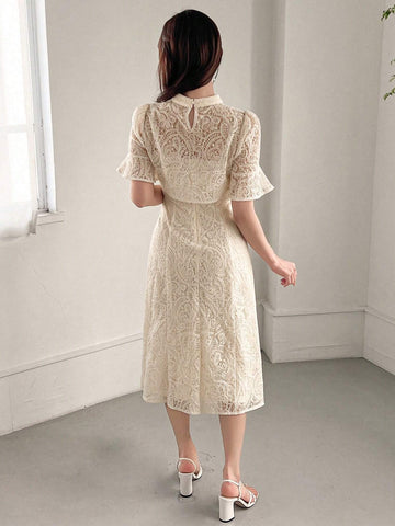 FRIFUL Women's Summer Lace Stand Collar Crop Top And Cami Dress 2-Piece Set