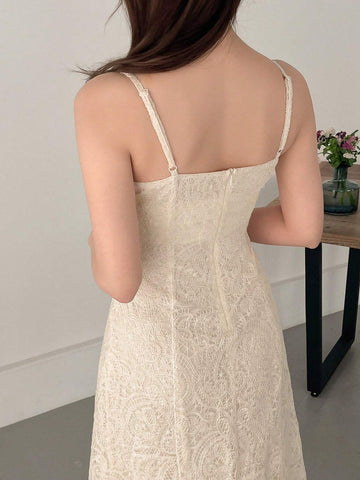 FRIFUL Women's Summer Lace Stand Collar Crop Top And Cami Dress 2-Piece Set