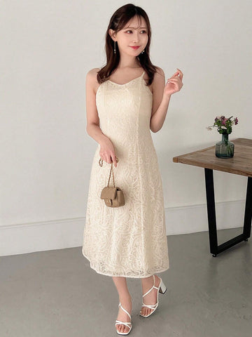 FRIFUL Women's Summer Lace Stand Collar Crop Top And Cami Dress 2-Piece Set