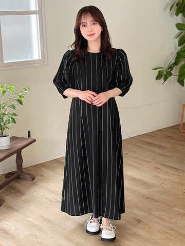 FRIFUL Women's Summer Round Neck Striped Maxi Dress With Puff Sleeves