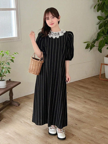 FRIFUL Women's Summer Round Neck Striped Maxi Dress With Puff Sleeves