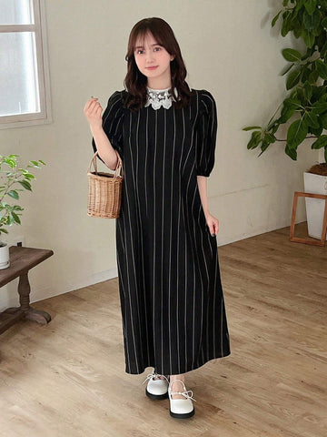 FRIFUL Women's Summer Round Neck Striped Maxi Dress With Puff Sleeves