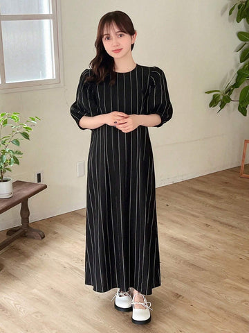 FRIFUL Women's Summer Round Neck Striped Maxi Dress With Puff Sleeves