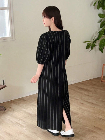 FRIFUL Women's Summer Round Neck Striped Maxi Dress With Puff Sleeves