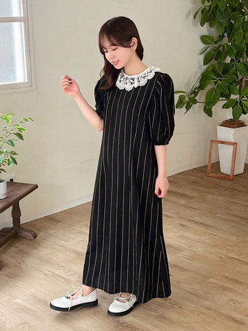 FRIFUL Women's Summer Round Neck Striped Maxi Dress With Puff Sleeves