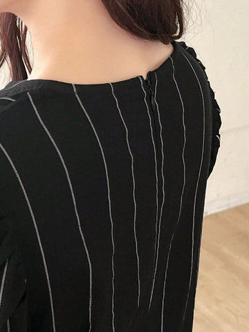 FRIFUL Women's Summer Round Neck Striped Maxi Dress With Puff Sleeves