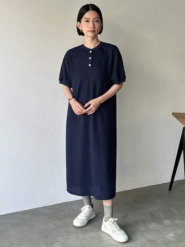 FRIFUL Women's Summer Short Sleeve Button Front Half Placket Midi Casual Dress