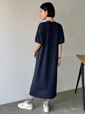 FRIFUL Women's Summer Short Sleeve Button Front Half Placket Midi Casual Dress