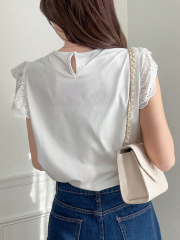 FRIFUL Women's Sweet Embroidered Lace Hollow-Out Ruffle Hem Flyaway Sleeve Shirt With Contrast Panels Summer