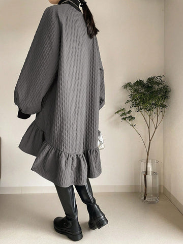 FRIFUL Women's Textured Fabric Ruffle Hem Contrast Color Block Mini Dress