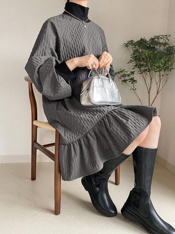 FRIFUL Women's Textured Fabric Ruffle Hem Contrast Color Block Mini Dress