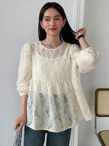 FRIFUL Women's Textured Fabric Solid Color Round Neck Ruffle Hem Long Sleeve Blouse