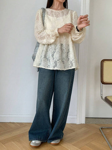 FRIFUL Women's Textured Fabric Solid Color Round Neck Ruffle Hem Long Sleeve Blouse