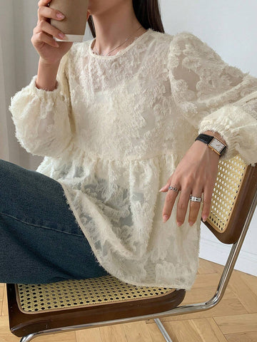 FRIFUL Women's Textured Fabric Solid Color Round Neck Ruffle Hem Long Sleeve Blouse