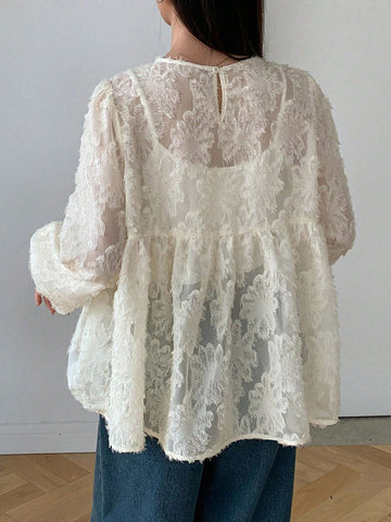 FRIFUL Women's Textured Fabric Solid Color Round Neck Ruffle Hem Long Sleeve Blouse