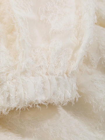 FRIFUL Women's Textured Fabric Solid Color Round Neck Ruffle Hem Long Sleeve Blouse